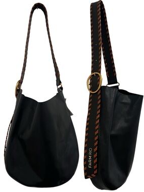 Farm Rio Black Leather Tote Raffia Strap Gold Ring Shoulder Bag Boho Sample